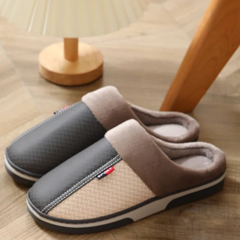 New Winter Warm Men's Plush slippers Home Indoor Non-slip PU Leather Upper Waterproof House slides Outside Male Cotton shoes