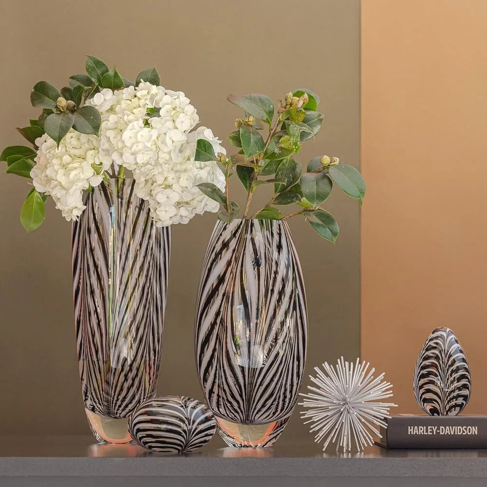Doro Murano Style Glass Vase Black and White Feather Pattern Hand Blown Art Glass for Flower, Room Decoration and Centerpiece