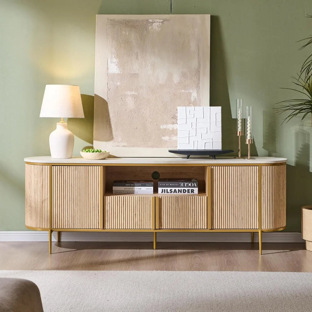 okd luxury 70" fluted tv stand, modern chic entertainment center for tvs up to 80 inches, tv console with faux marble top, curve