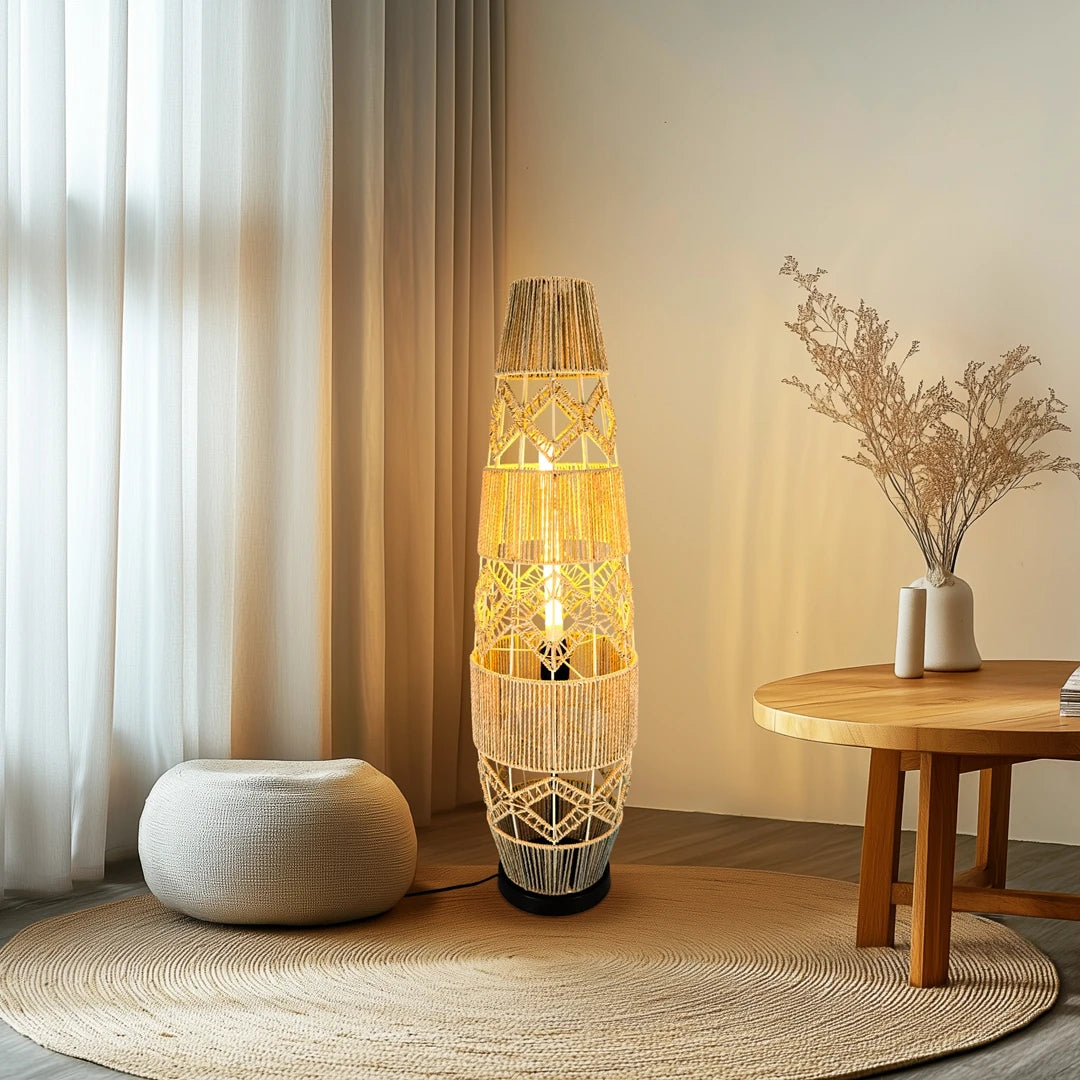 Boho Rattan Floor Lamp Hand-Woven with LED Light Bar, Corner Reading Lamp for Living Room Bedroom