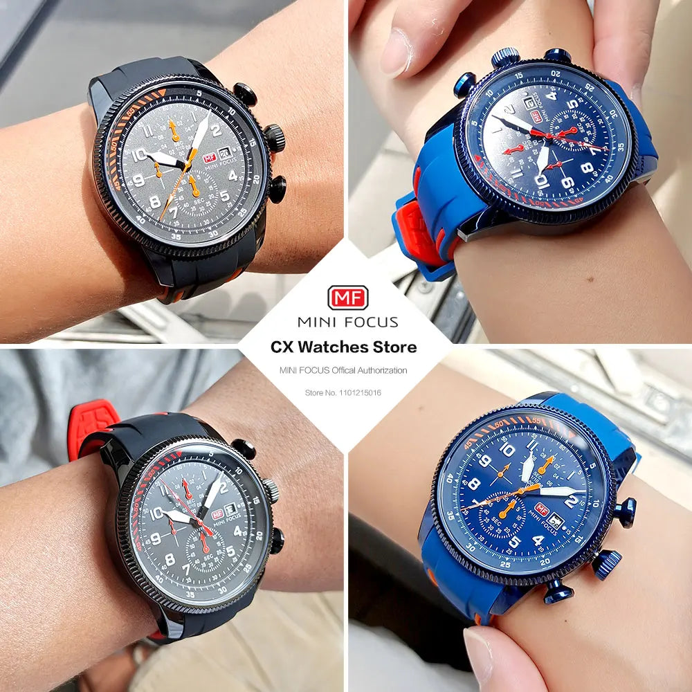 MINI FOCUS Military Sport Quartz Watch for Men Blue Silicone Strap Chronograph Luminous Wristwatch with Date Waterproof 0379