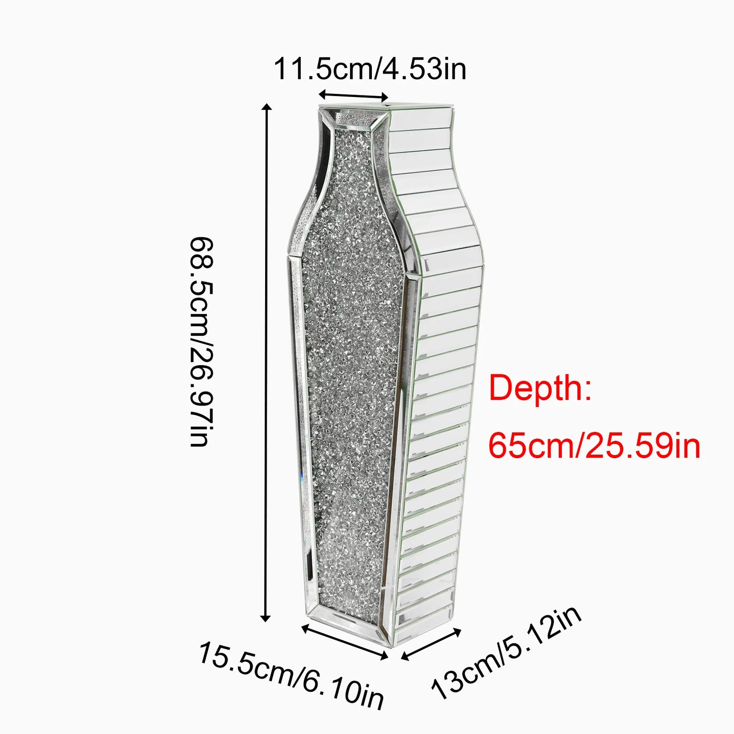 27" Tall Crushed Diamond Floor Vase, Silver Large Vases for Decor Living Room Crystal Mirrored Home Decor Vases for Dried Flower