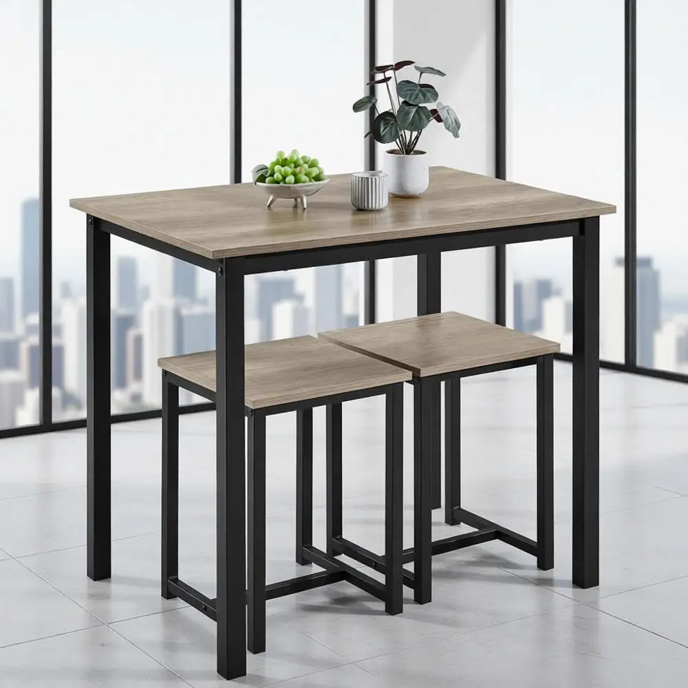 Compact 2-Person Dining Table Set with 2 Stools, Gray, Space-Saving Design for Kitchen, Dining Room, Living Room