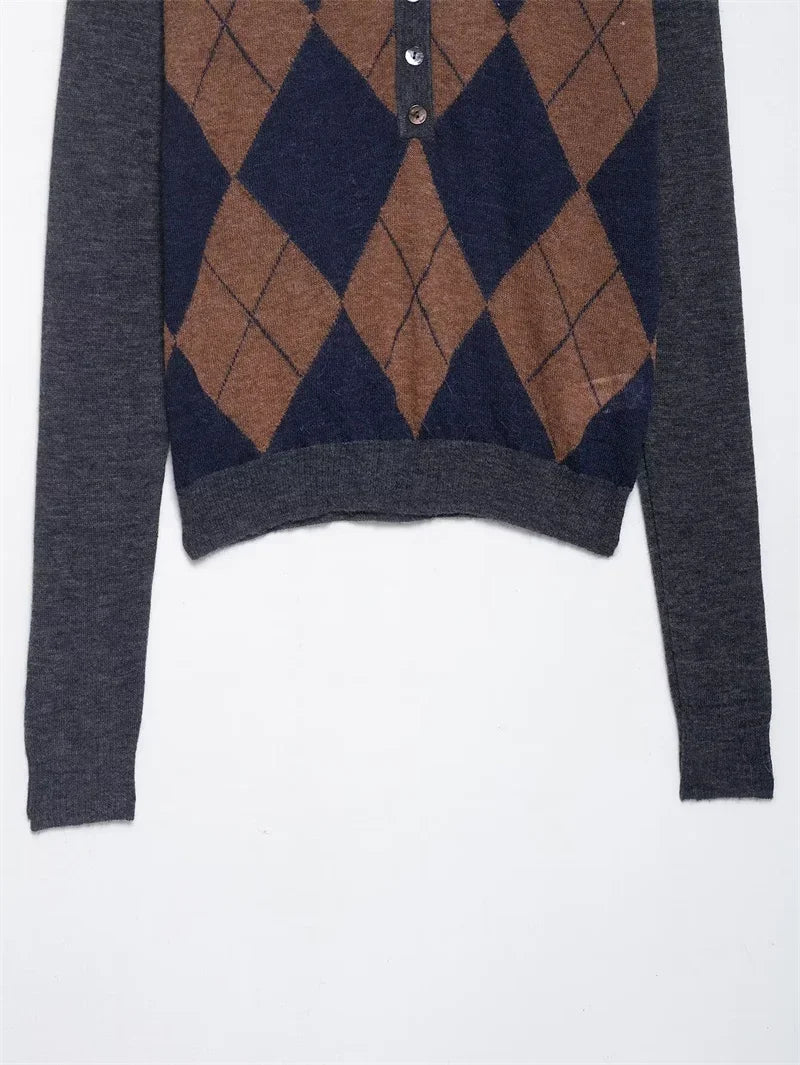 Women's Top 2025 Autumn New Style Color-Block Argyle Long-Sleeve Polo Collar Knit Sweater Casual Fashion Versatile