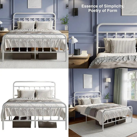 Queen Size Modern Victorian Metal Bed Frame - Sleek Minimalist Style, Headboard/Footboard, Steel Slats, Storage, Easy Assembly,