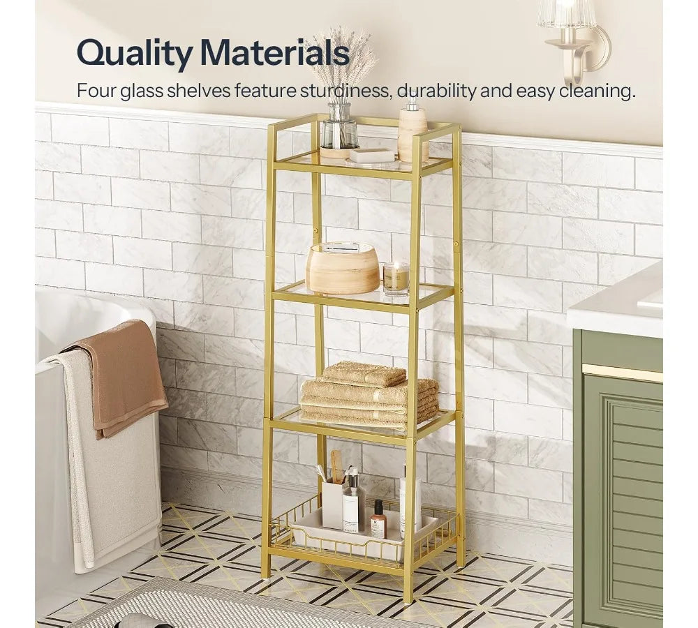 4-Tier Gold Glass Shelf Stand, Waterproof Bathroom Organizer with Tempered Glass, Floor Storage for Small Spaces