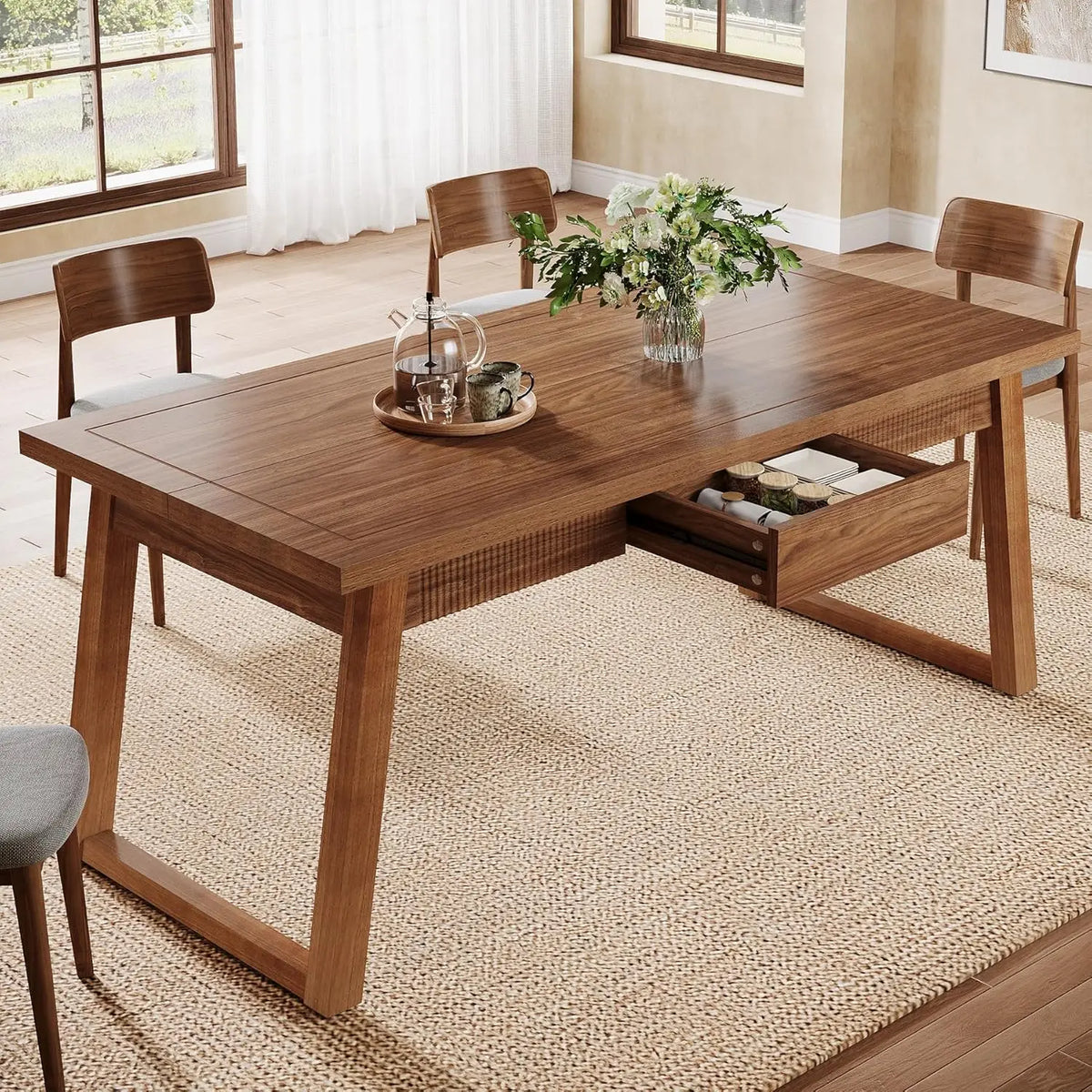 Dining Table with Storage Drawer for Dining Room, Rectangular Modern Dinner Kitchen Table with Solid Wood Legs for 4-6 People