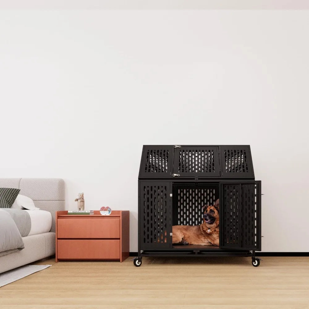 44 inch heavy duty indestructible dog crate steel escape proof chew proof cage, indoor double door kennel for high anxiety large