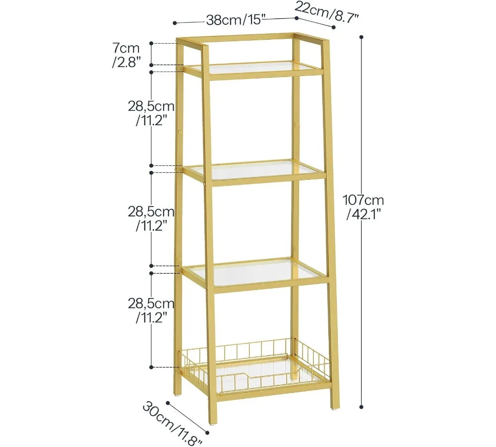 4-Tier Gold Glass Shelf Stand, Waterproof Bathroom Organizer with Tempered Glass, Floor Storage for Small Spaces