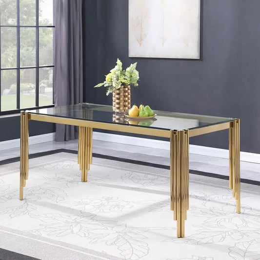 65" Rect Glass Dining Table, Temp Glass Top & Polished Gold Legs, Modern Style Table for Home, Kitchen & Dining Room, Chic