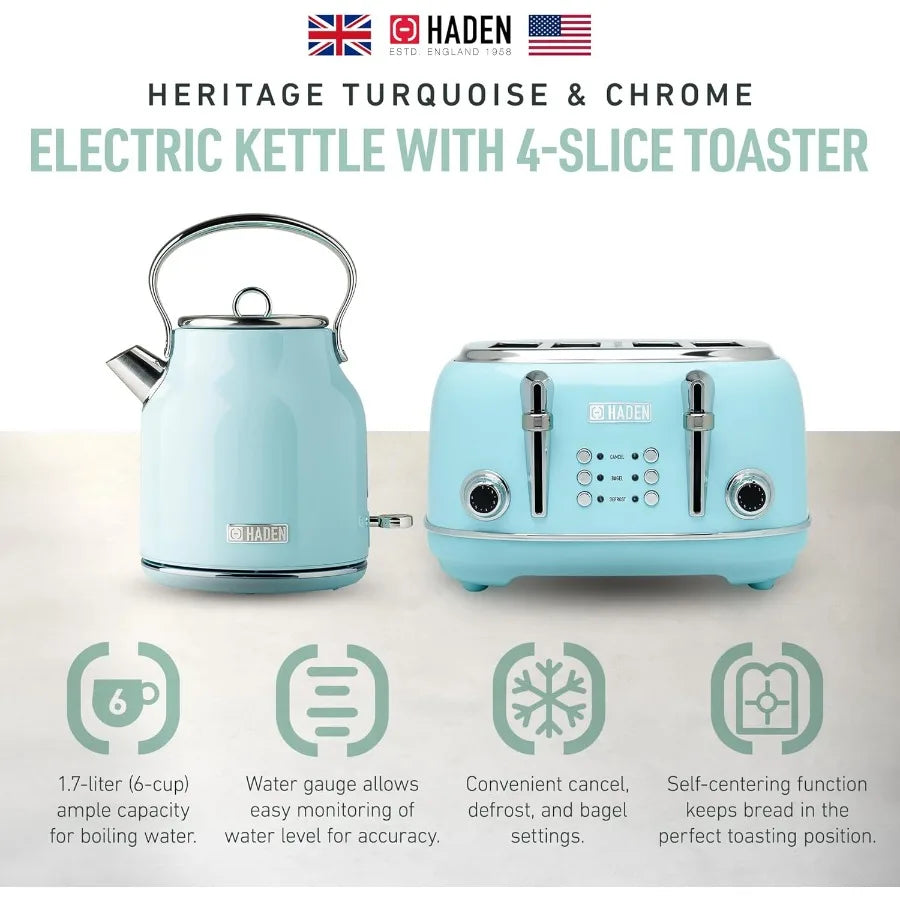 4Slice Wide Slot Stainless Steel Toaster with 1.7 Liter Stainless Steel Electric Water Kettle in Turquoise and Chrome Finish Id