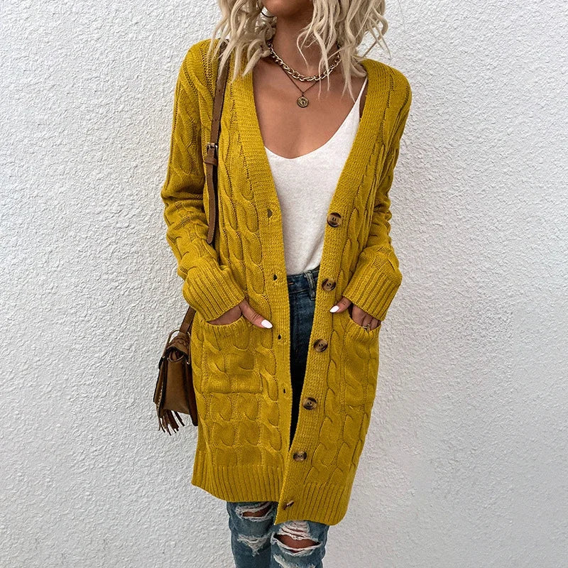 European and American Knitwear Autumn and Winter Long Fried Dough Twists Sweater Women's Button Cardigan