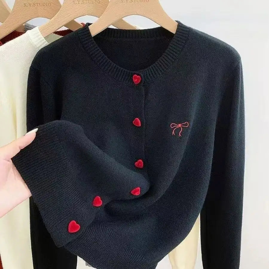 2025 Korean Casual Solid Knitting Tops Women Knitted Cardigan Bow Embroidery O-Neck Single Breasted Heart-shaped Button Sweater