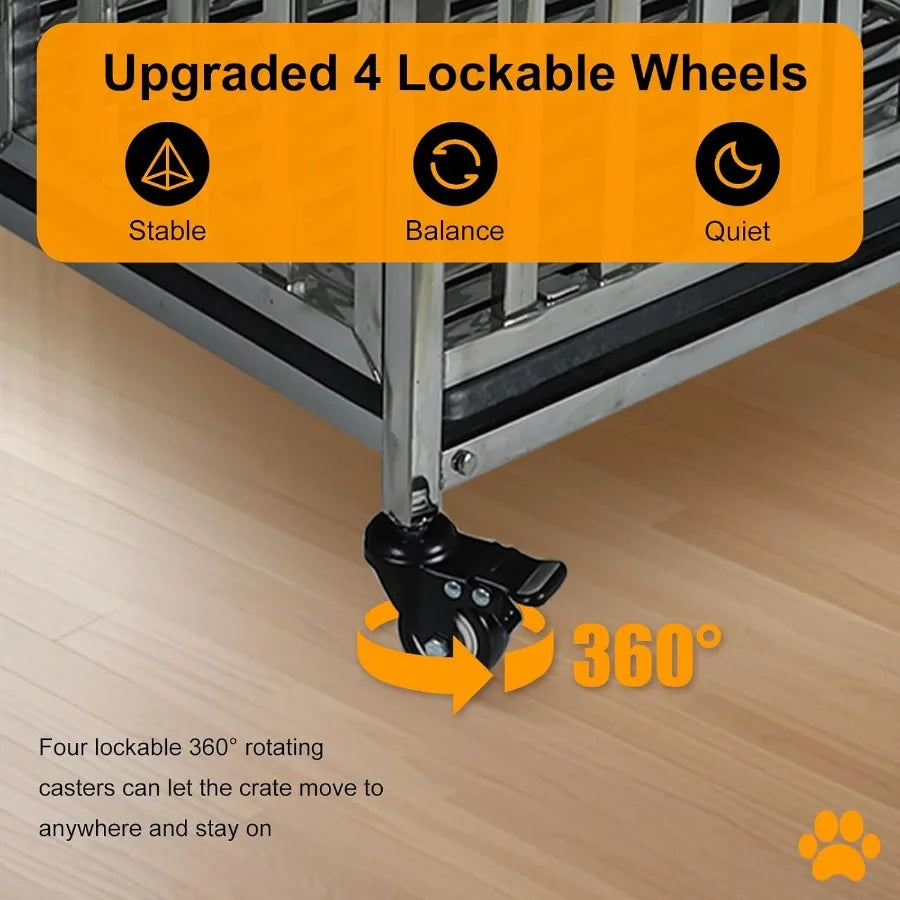 Heavy Duty Large Dog Crate Stainless Steel Dog Crate Cage Kennel with Rolling Wheels Double Door Removable Tray for Large Breed