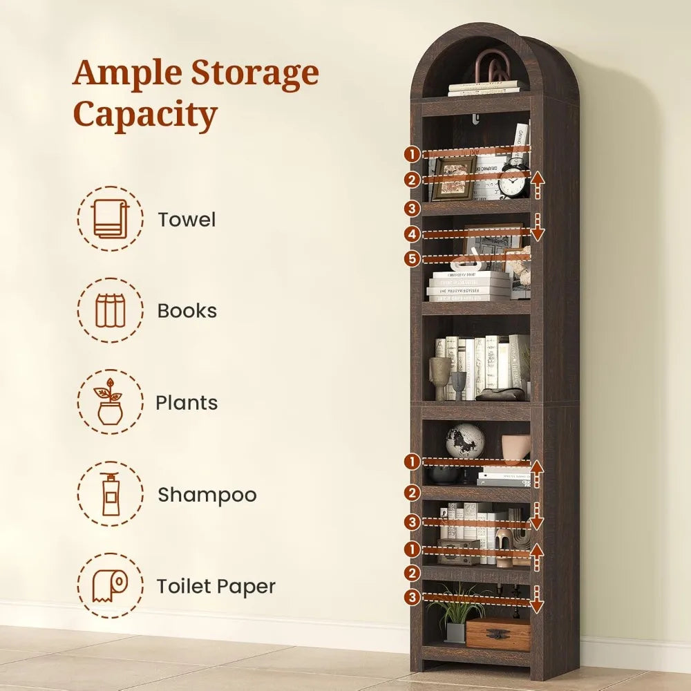 76" high 3-tier slim arched bookshelf - modern adjustable shelving for living room storage