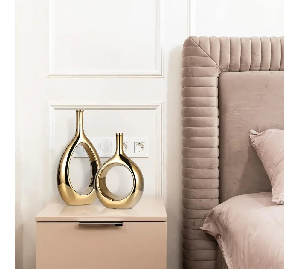 Glossy Gold Ceramic Vase Set Modern Hollow Ellipse Home Decor Centerpiece Farmhouse Rustic