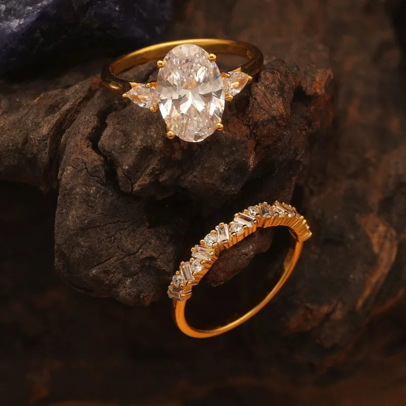 2PC S925 Sterling Silver 4.5CT Oval Moissanite Ring Fine Jewelry Plated with 18k Gold Suitable for Gift Giving Anniversary