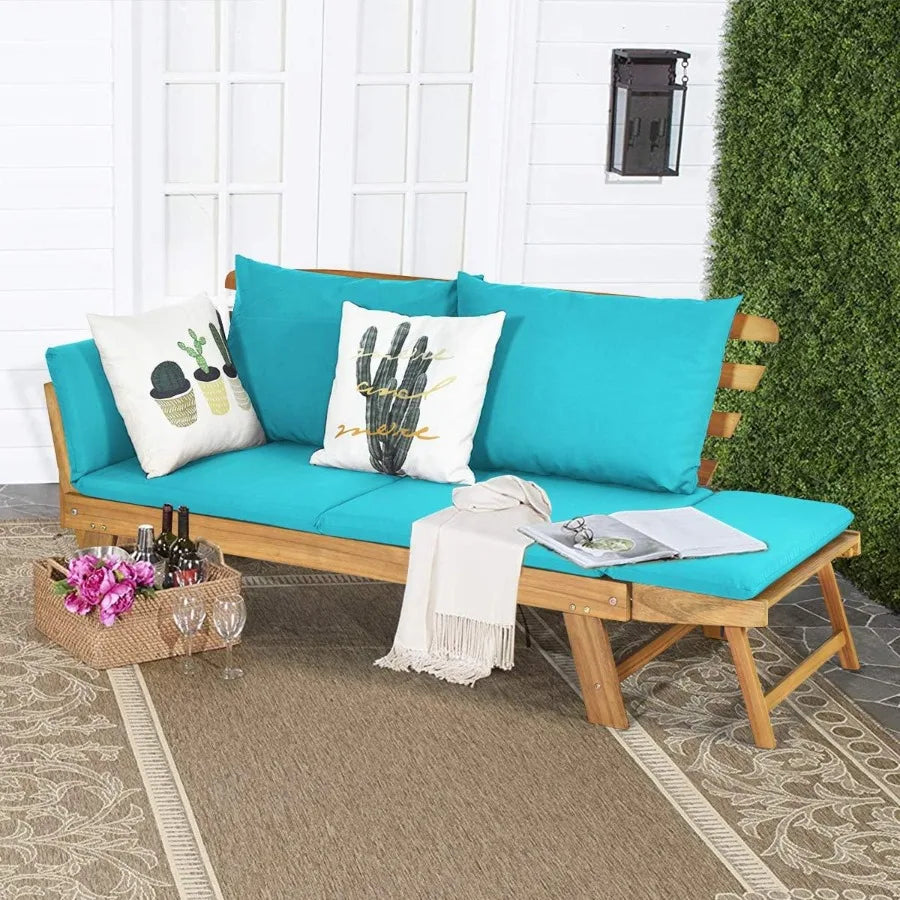 Convertible Acacia Wood Patio Couch Sofa Bed with Adjustable Armrest Outdoor Daybed with Cushion Pillows Outside Folding Futon
