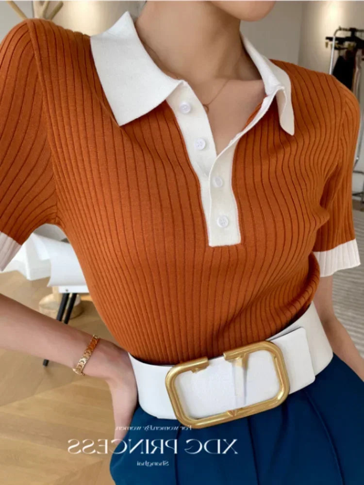 Women Clothing Temperament Elegant Knitted Contrast Tops Summer Fashion Commute POLO Short Sleeve Chic Button Slim T-shirt