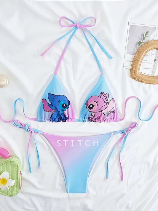 2Pcs New Stitch Bikinis Set Kawaii Swimsuit Black 2025 Women New Summer Sexy Bikinis Y2k Beach Strappy Panties Swimwear Girl