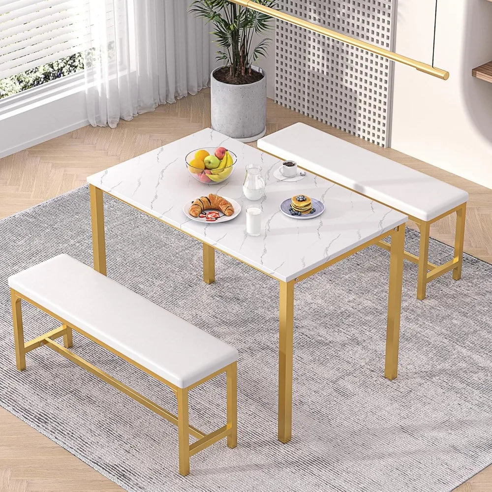 3-Piece 63" Extendable Kitchen Table with Benches/Chairs, Modern Breakfast Dinette/Dining Room Set for 4/6/2