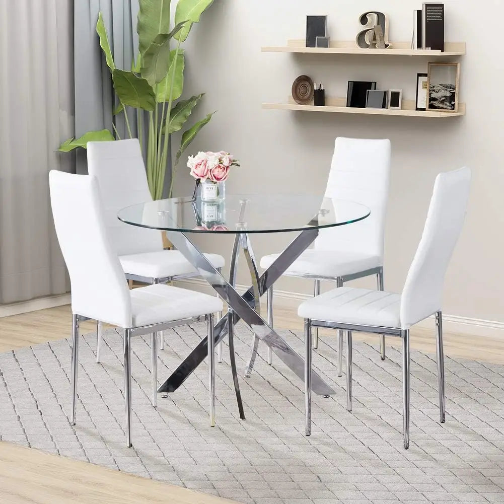 Round Tempered Glass Dining Table Set for 4, 5-Piece Modern Kitchen Table Set with 4 High-Back Upholstered Chair for Kitchen