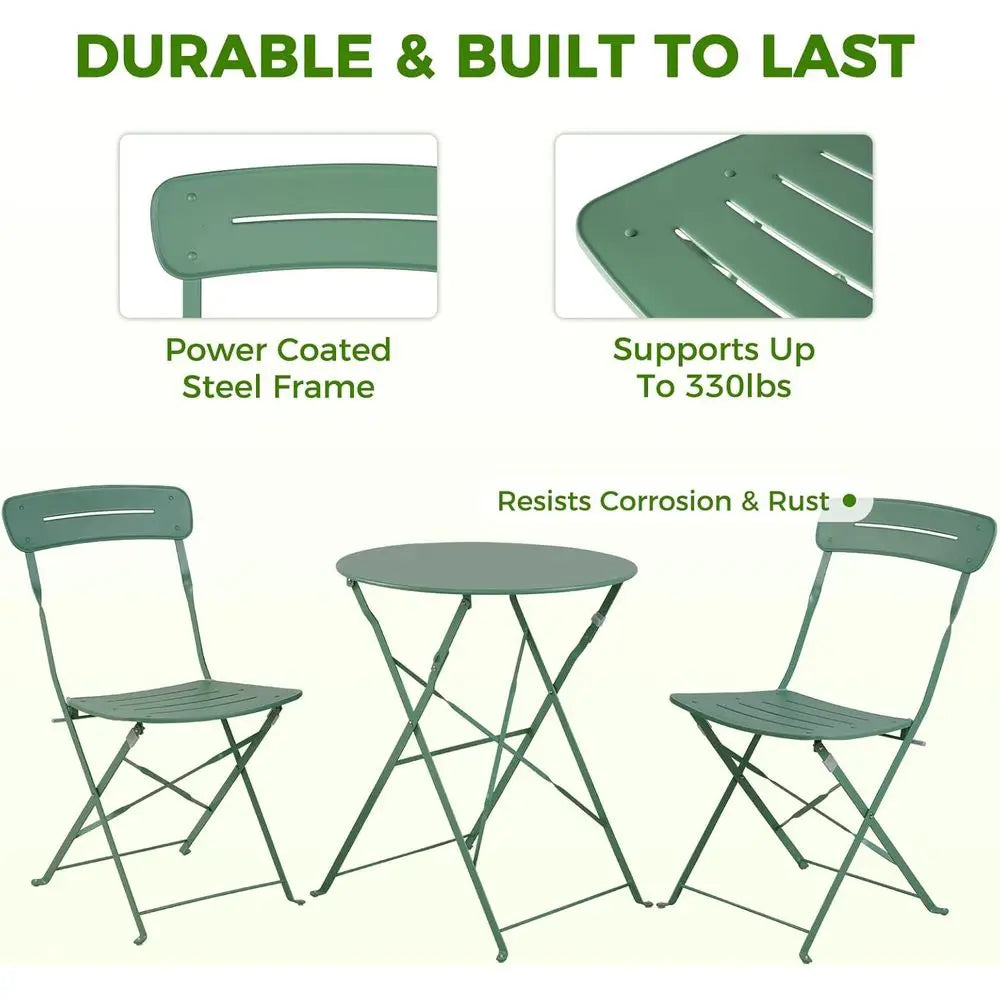 Sage Green 3-Piece Folding Patio Bistro Set with Premium Frame, Colorful Outdoor Furniture
