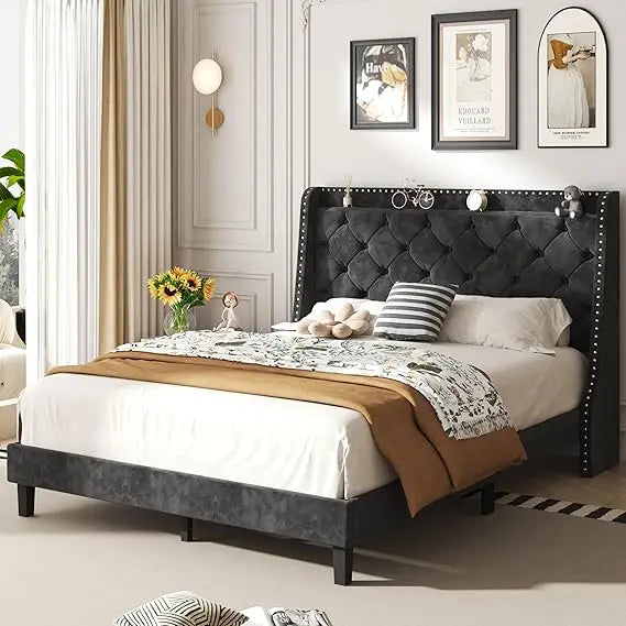 Queen Size Upholstered Bed Frame with Diamond Tufted Headboard, Storage, and Wingback Design