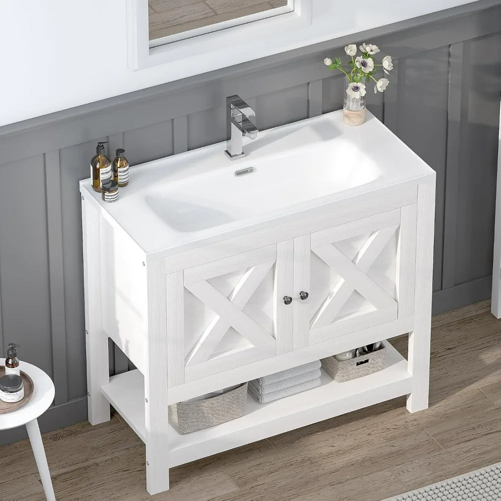 "35" modern farmhouse vanity with sink, freestanding cabinet, 2 doors & open shelf for bathroom