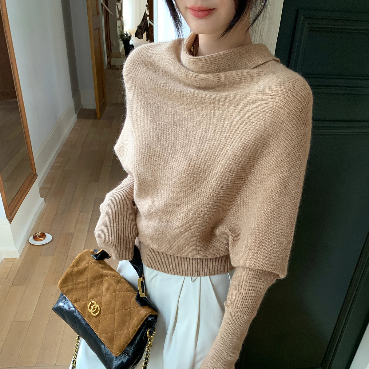 Fashion Knitted Women's Pullover Women Batwing Sleeve Loose Sweater Trendy Autumn Winter Advanced Slouchy Neck Soft Warm Jumper
