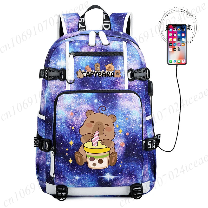 15.6 Inch Student Backpacks Japanese Large-capacity Backpack Girl Boys Simple Versatile Backpack Capibara Anime Usb School Bags