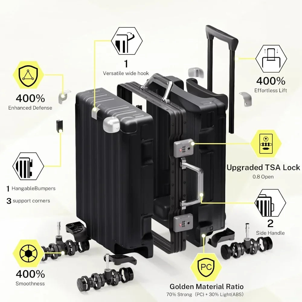 Carry On Luggage 20 inch Aluminum Frame Suitcase with Spinner Wheels No Zipper Hardshell PC+ABS Luggages TSA Lock Zipperle