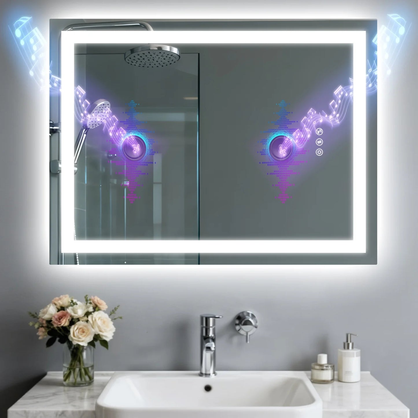 50/60/100/120CM LED Bathroom Mirror with Bluetooth Speaker 3 Colors Dimmable Tempered Glass Waterproof Backlight Vanity Mirror
