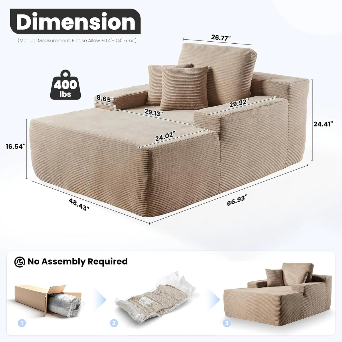67'' Chaise Lounge Chair Indoor, Oversized Upholstered Sofa Bed, Sleeper Couch Reading Chairs Fluffy Plush Corduroy Cloud Sofas