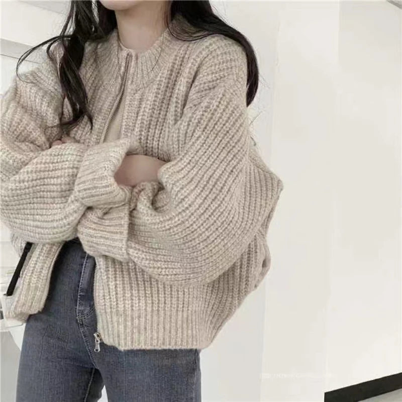 Autumn Elegant Cardigan Zipper Knitwear Winter New Women's Crew Neck Knitted Long sleeved Sweater Solid Color Casual Top