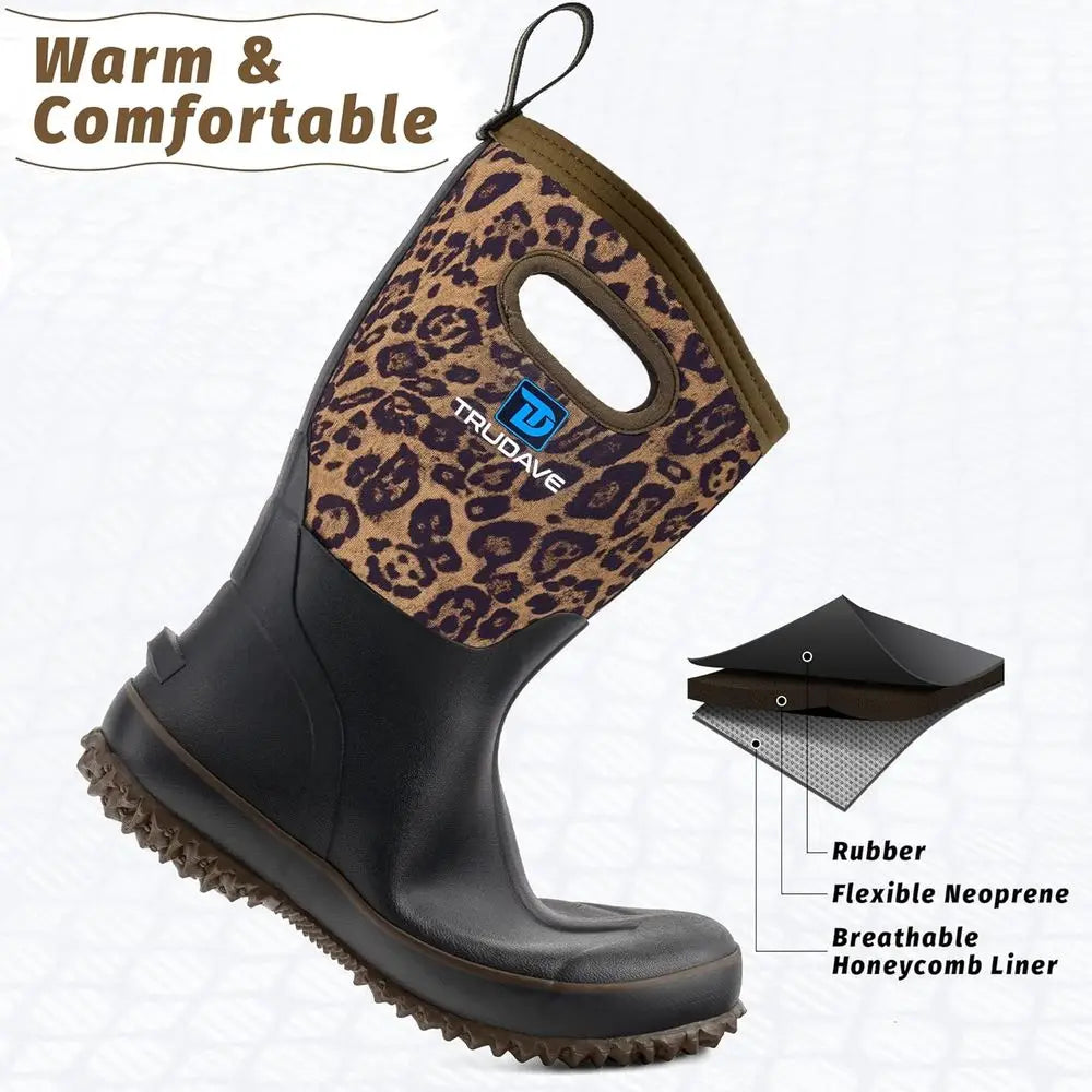 Trudave Rubber Boots for Women, Mid Calf Rain Boots, Womens Waterproof Boots, Neoprene Insulated Outdoor Work Mud Boots for Hunt