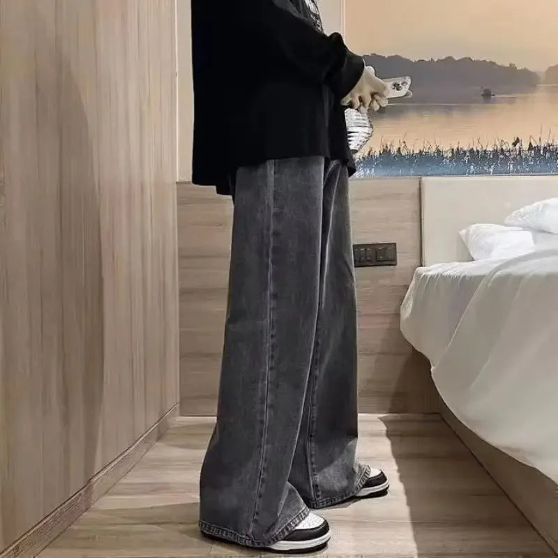 High Street Fashion All-Season With Drawstring Closure And Slight Stretch Jeans Men's Retro Straight Loose Wide Leg Casual Jeans