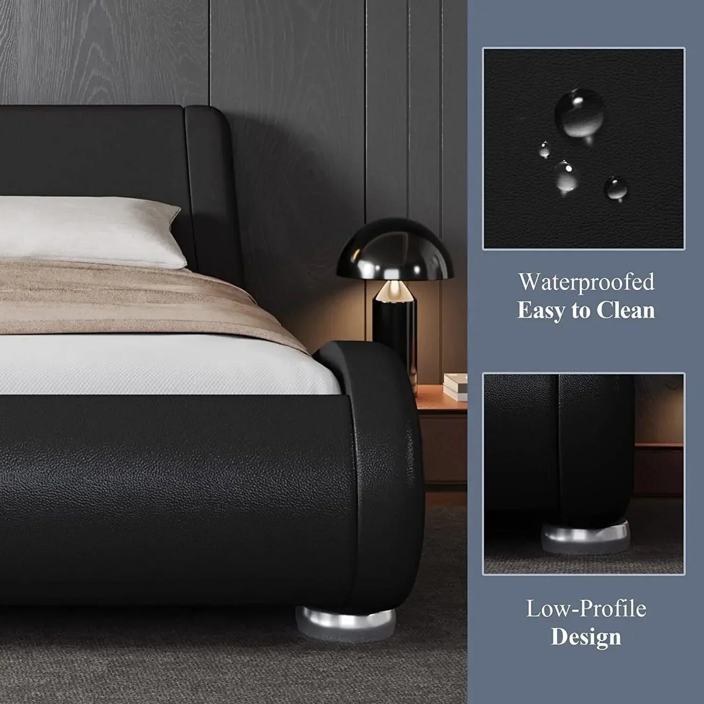 Large bed frame, ergonomic, adjustable headboard, low profile modern cushioned platform sled design - easy to assemble, black