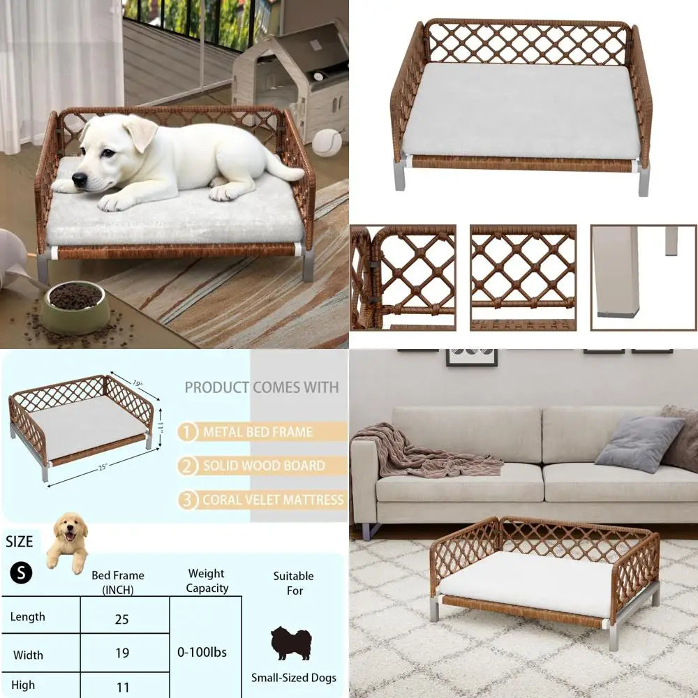 brown wicker orthopedic dog bed with removable washable cushion and egg crate foam support for outdoor use