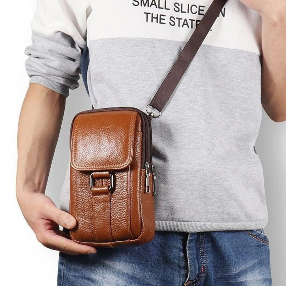 Mini Waist Bag Cowhide Leather Belt Pack Cell Phone Pocket Simple Multi-pockets Fanny Pack Outdoor Portable Casual Wallet Pouch
