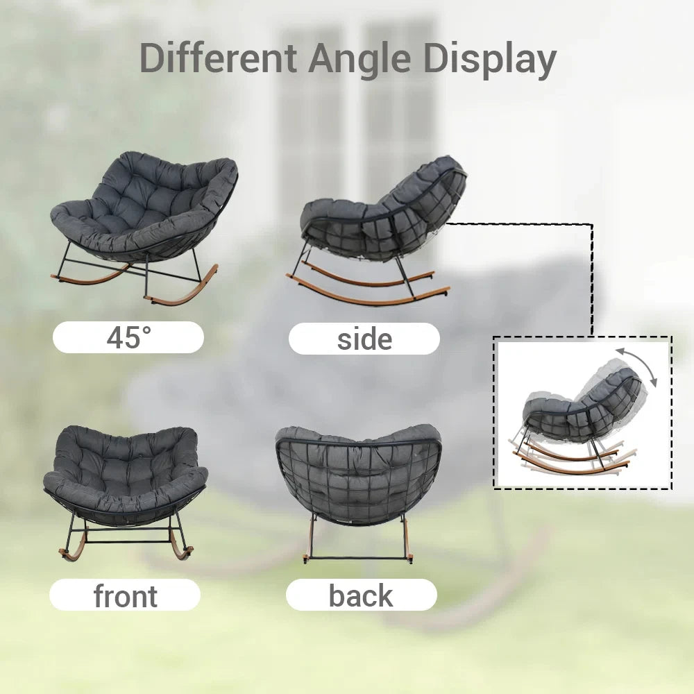 Outdoor Rocking Chair , E-Coated Papasan Rocking Chair with Cushion, Oversized Recliner Rocker for Patio Porch Garden