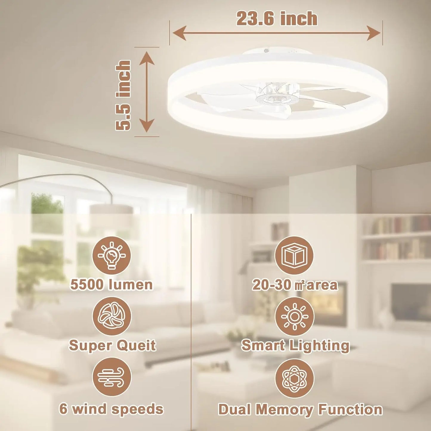 Low Profile Ceiling Fans with Lights and Remote, 23.6in Flush Mount Ceiling Fans with Light, 3000K-6500K Dimmable Fandelier LED