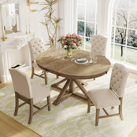 Extendable Dining Table Set for 4, 5-Piece Round Table Set with 4 Chairs, Circle Table with Upholstered Chairs, Oval Kitchen Ta