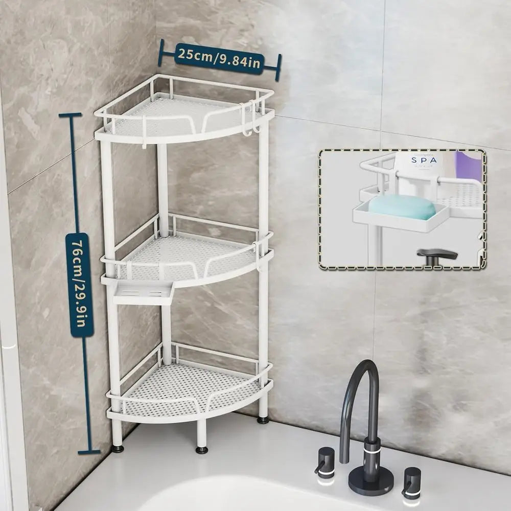 3-Tier Corner Shower Organizer with Soap Dish, Adjustable Floor Rack, Hooks, White Bathroom Shelf