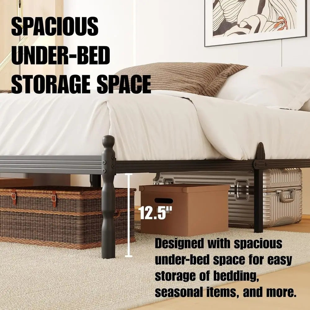 King Size Metal Bed Frame with 2 Mattress Stoppers, No Box Spring Needed, Easy Assembly, Heavy Duty, Noiseless, Non-Slip