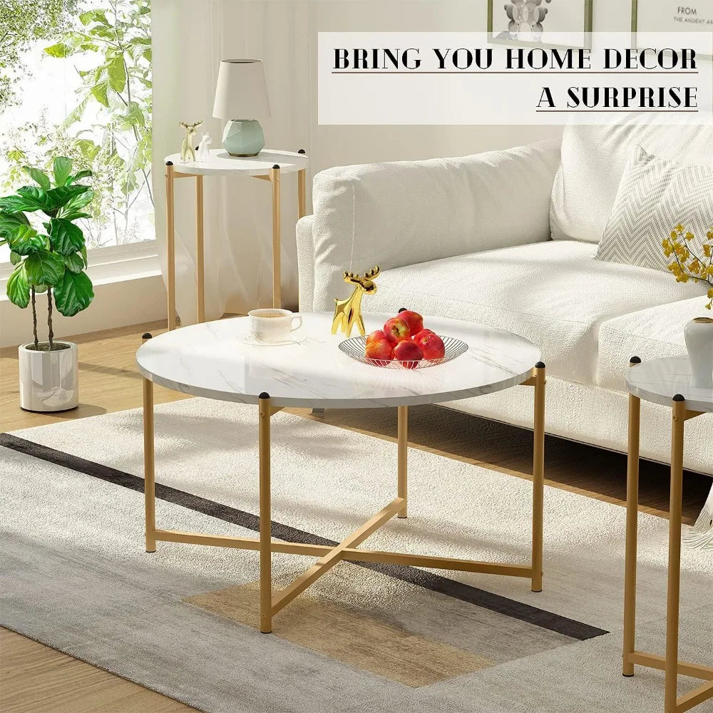 Living Room Coffee Table Set, Faux Marble Living Room Table Set of 3 Modern Round Center Table with Metal Legs, Round Coffee Ta