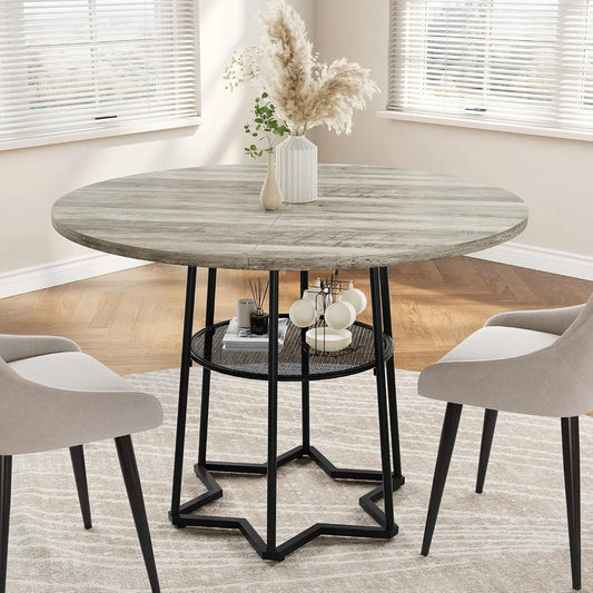 Rustic Round Dining Table Farmhouse Kitchen Table Dinner Table with Metal Base for Dining Room, Kitchen, Living Room