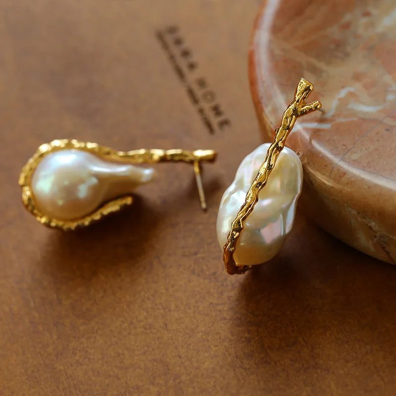 Aimgal Retro Natural Baroque Pearl Stud Earrings 925 Silver Ear Pin with 18K Gold Brass Plating Fine Jewelry with Branch Design