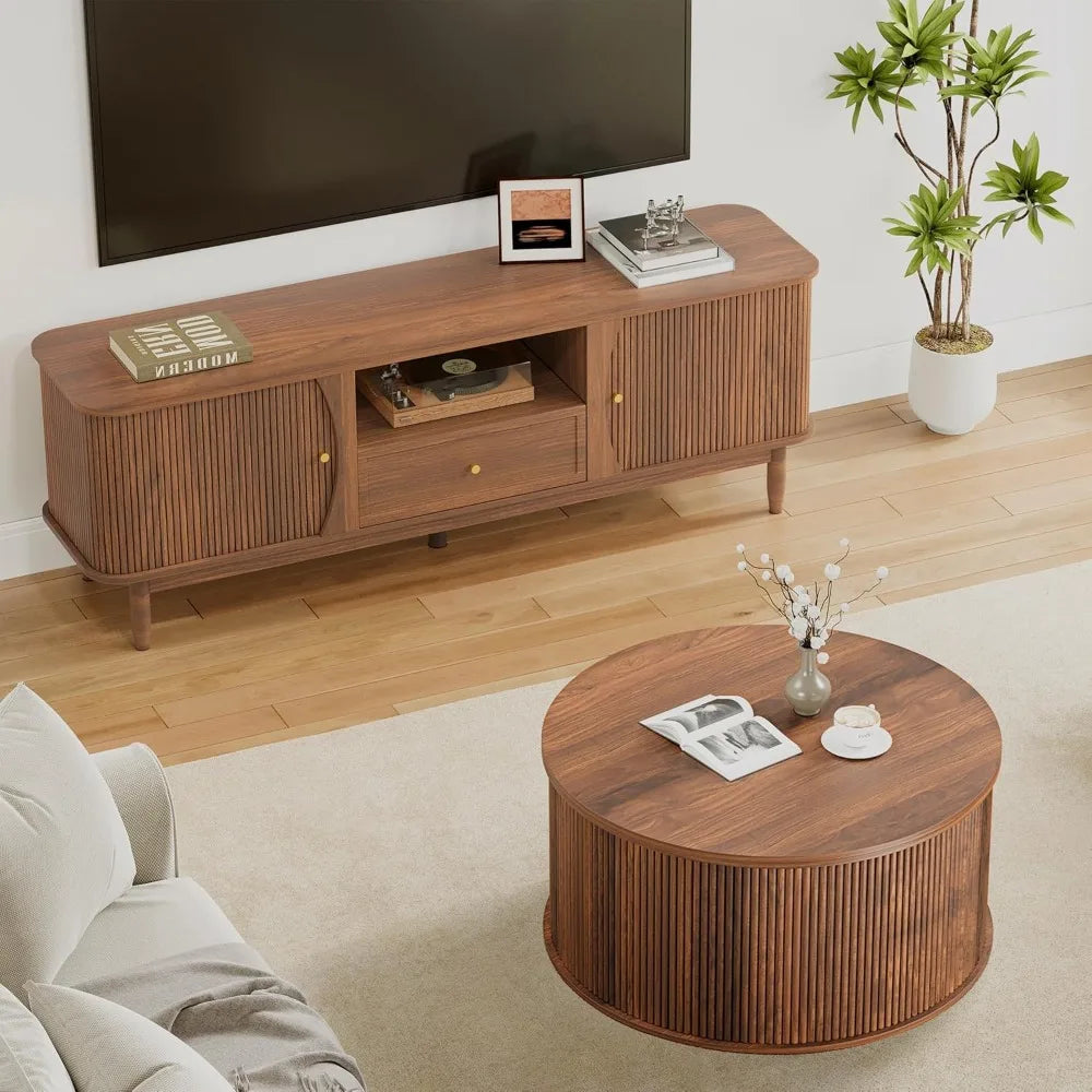 "Round Fluted Lift-Top Coffee Table with Storage for Farmhouse Style Living Room and Dining Area"