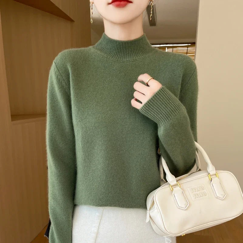 One Line Half Height 100% Andy Velvet Knitted Sweater For Women's Autumn And Winter New Top, Loose Long Sleeved Basic Style GH79